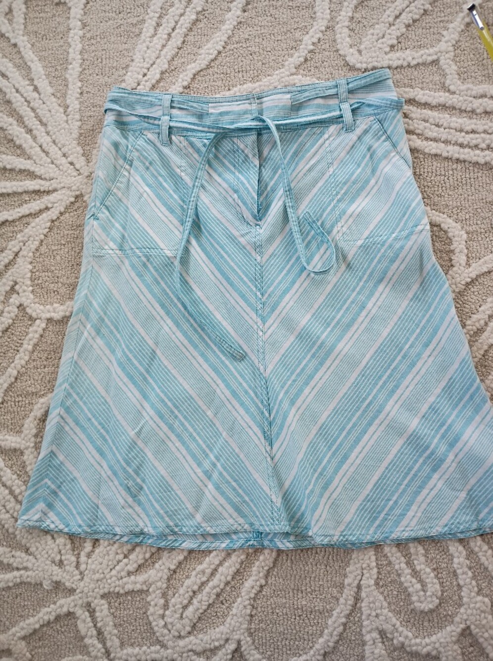 Talbots Aqua and White Striped A-Line Skirt